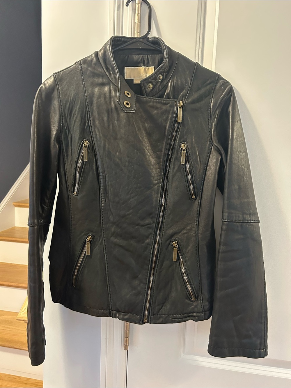 MICHAEL Michael Kors Black Genuine Leather Asymmetric Zip Moto Jacket